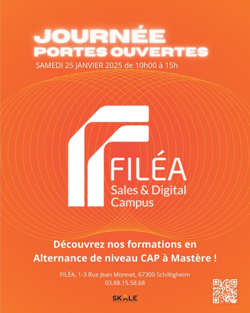 ournées Portes Ouvertes de l’école FILEA, samedi 25 janvier 2025, de 10h à 15h, à Schiltigheim. Découvrez nos formations en alternance du CAP au Mastère.