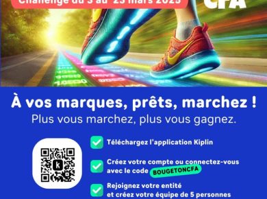 Affiche du challenge sportif Bouge Ton CFA 2025, mettant en avant la compétition par équipe et l’application Kiplin pour suivre les performances