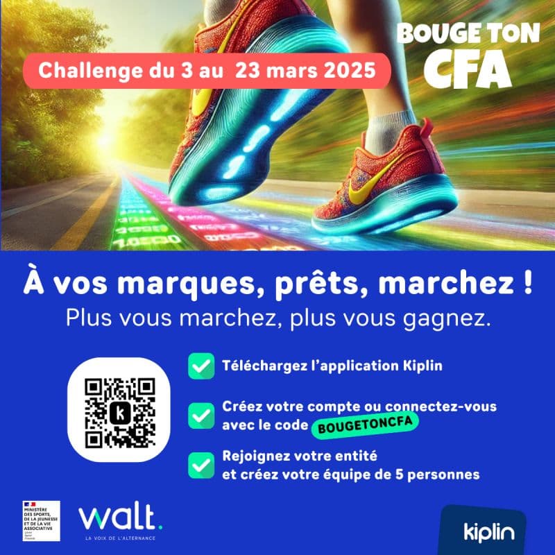 Affiche du challenge sportif Bouge Ton CFA 2025, mettant en avant la compétition par équipe et l’application Kiplin pour suivre les performances