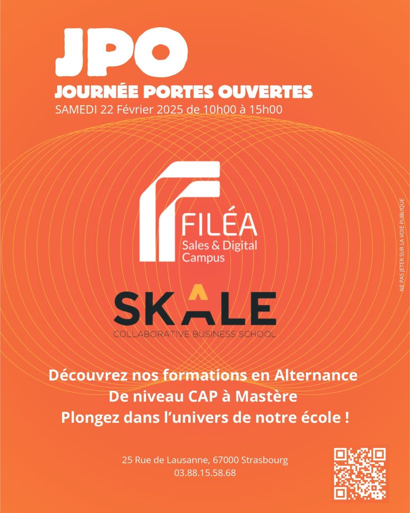 ournées Portes Ouvertes de l’école FILEA, samedi 22 fevrier 2025, de 10h à 15h, à Strasbourg. Découvrez nos formations en alternance du CAP au Mastère.